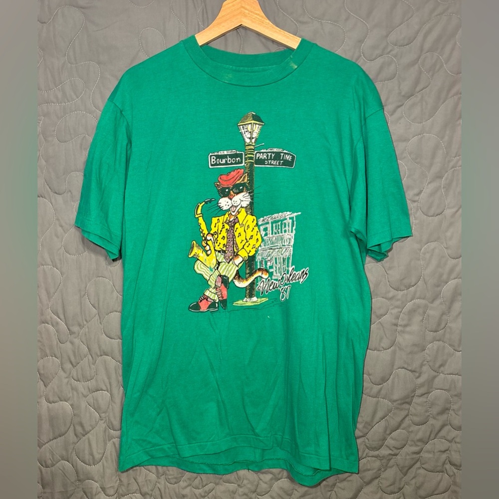 Vintage 87 New Orleans Bourbon St “Party Time Street” Cat Sax Tee